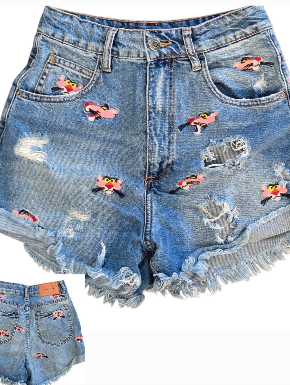 Zara High waisted Pink Panther embroidered denim shorts womens Size 2 US
